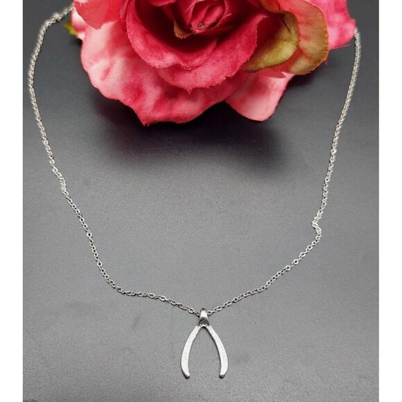 JBD Stainless Steel Wishbone Pendant Necklace SIlver Tone Dainty Signed 17" Long - Picture 2 of 8